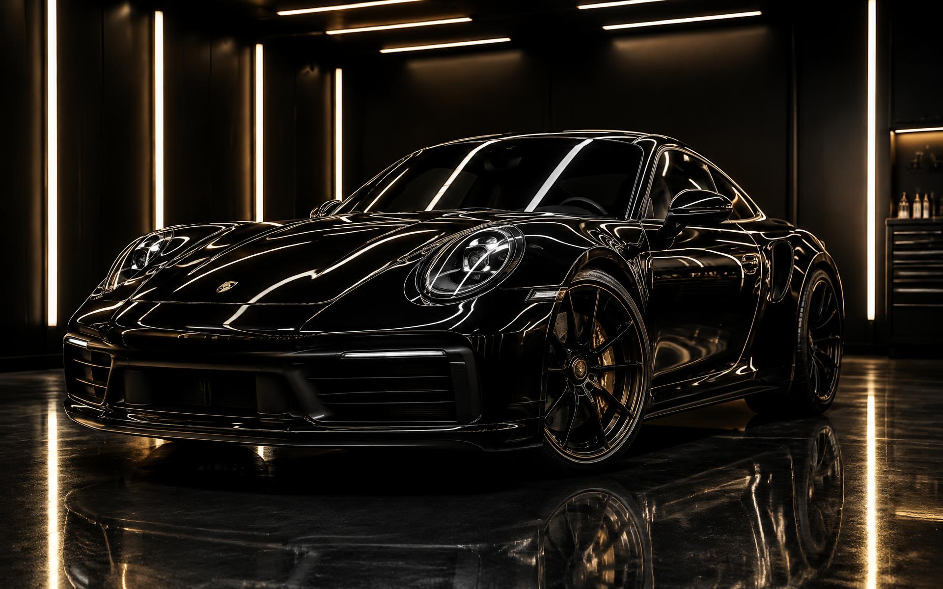Gloss black sports coupe in a precision automotive studio